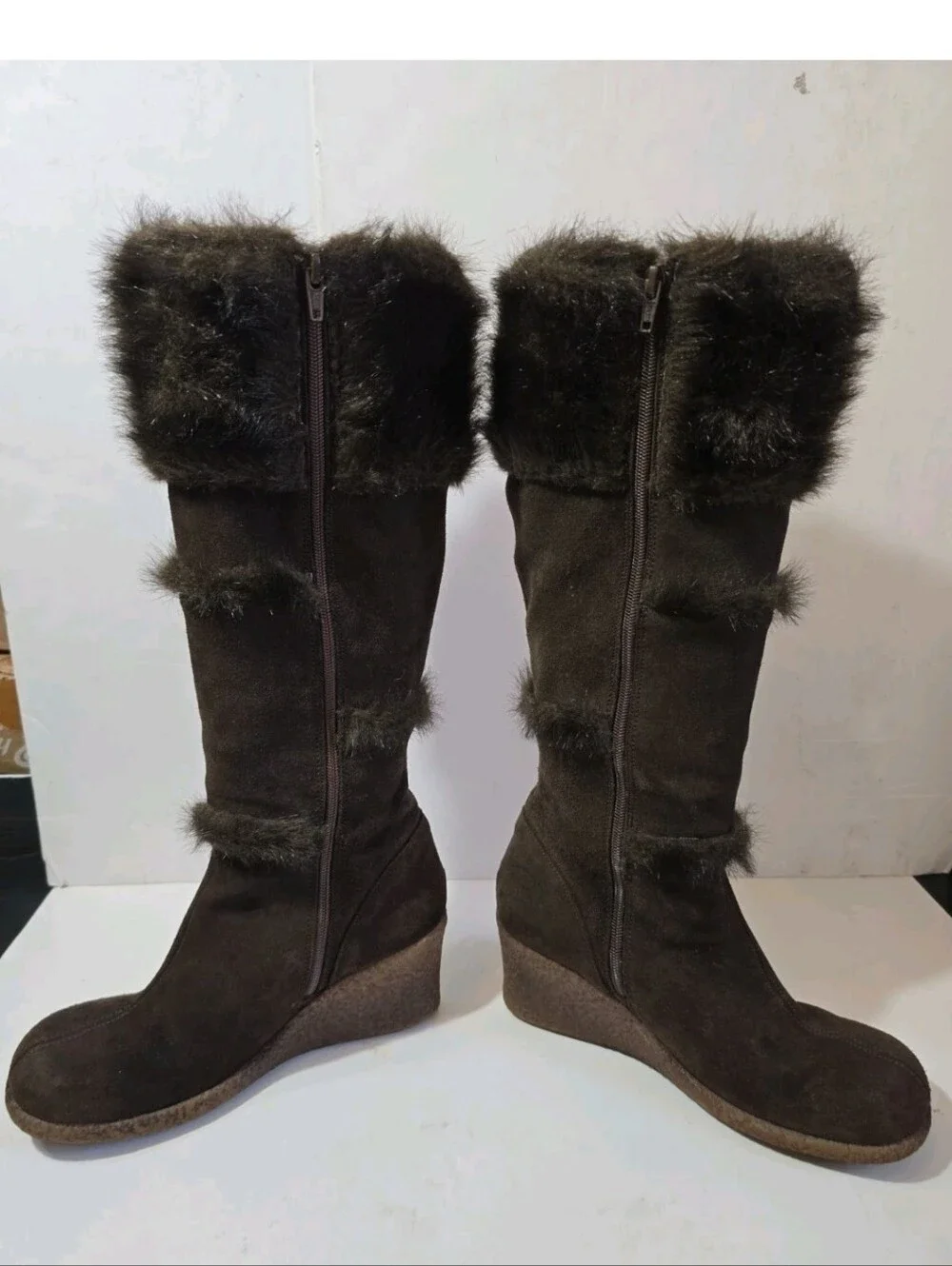 Jeffrey Campbell Faux Fur Trim Brown Women's Wedge Boots Size 10